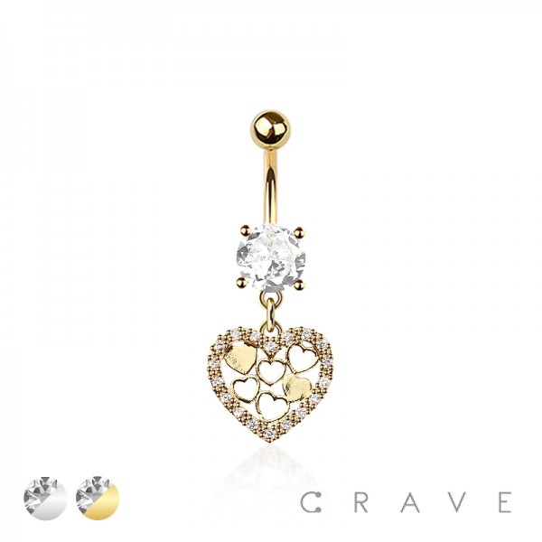 316L SURGICAL STEEL MULTI CZ MULTI HEARTS DANGLE BELLY BUTTON NAVEL RING 